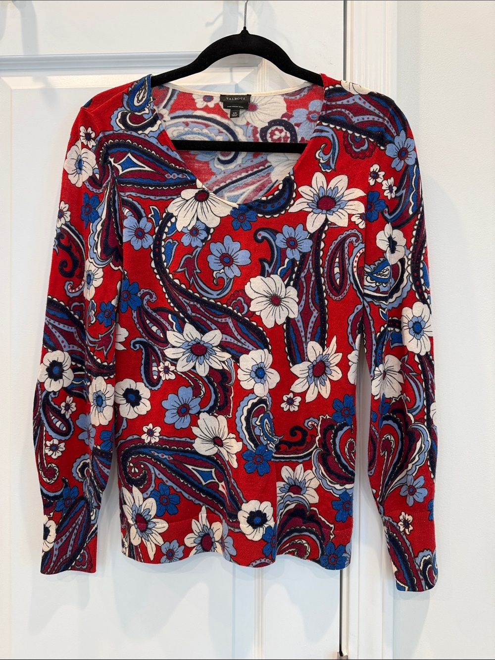 Talbots Red Paisley Floral V‑Neck Long Sleeve Top